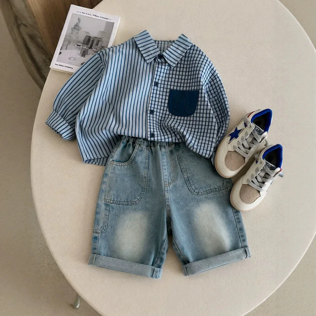 Boys Shirt Sets Korean Fashion Strip Shirt and Loose Elastic Waist Jeans Two Price Sets