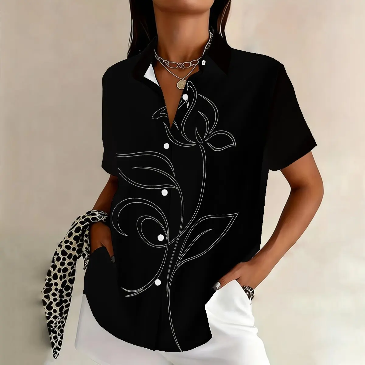 

Летняя женская рубашка больших размеров с линейным узором в виде роз, простая и элегантная, подходит для офиса и повседневной носки.