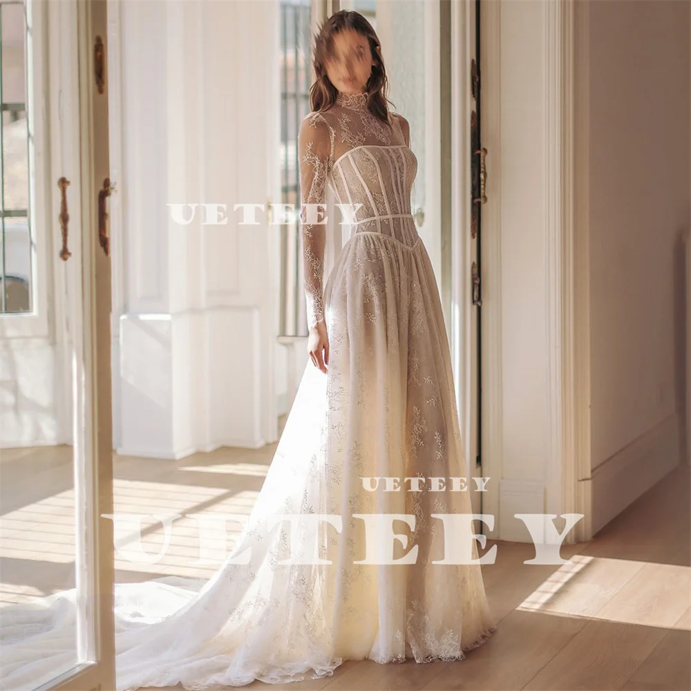 UETEEY Customized Elegant Lace High Neck A Line Wedding Dress Illusion Zipper Back Floor Length Court Train Bridal Gown