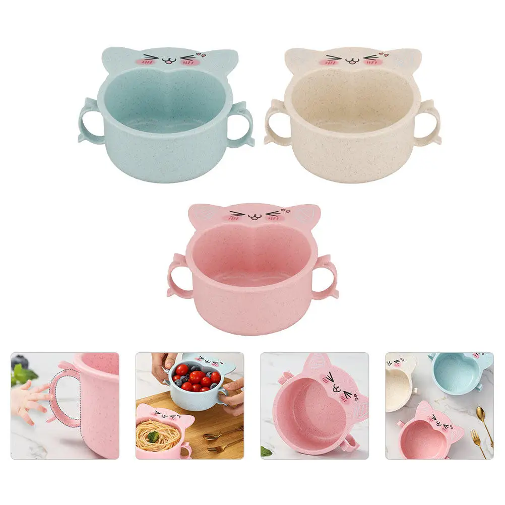 

3Pcs Children Bowls Double Handle Cat Shaped Wheat Straw PP Feeding Food Serving Tableware for Home Outdoor