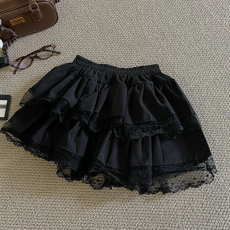 Women‘s Summer Balletcore Lace Tiered Skirt Elastic Waist A-Line Puffy Fluffy Layered Short Skirt with Safety Shorts Coquette