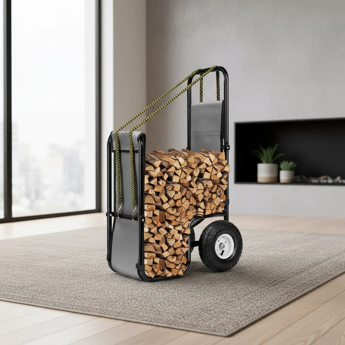 Heavy Duty Steel Log Cart 250 LB Capacity Medium Wood Dolly Hauler Rolling Rack Mover Indoor Outdoor Transport