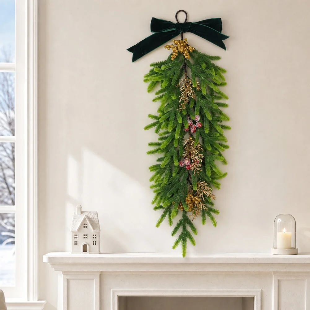 Christmas Artificial Pine Garland With For Velvet Bow And Gold Berries 24 Inch Inverted Swag For Door Window Stair Holiday