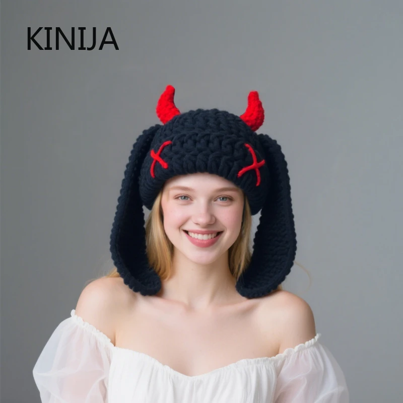 Long Ears Warm Helmet Cover Cap Y2K Knitted Beanies Cap for Women Winter Versatile Funny Pullover Hat Men Cold Hat Punk Gothic