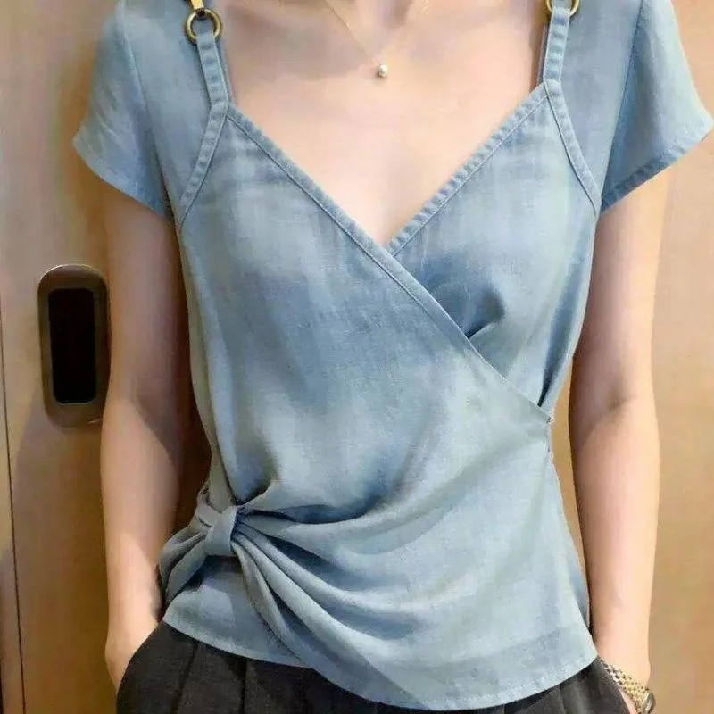 Women's Tshirt Blouse 2026 Spring Summer New Light Blue V-neck Short Sleeved T-shirt Top Cross Design Slim Versatile Casual Tops