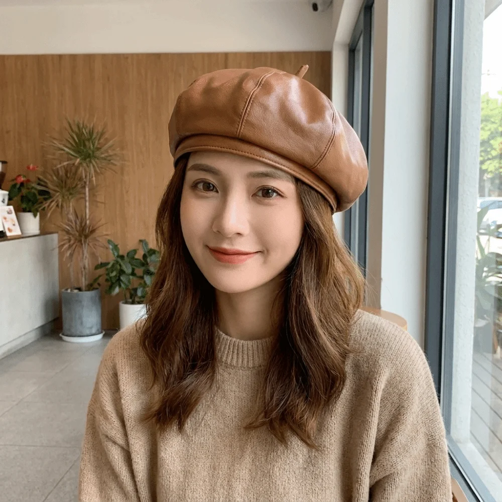 Elegant Solid Color PU Leather Beret Newsboy Cap British Style Octagonal Hat Artist Hat Pumpkin Cap Painter Hat Outdoor