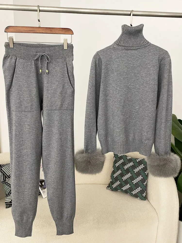 2025 feminino nova moda outono inverno camisola de malha calças compridas conjunto jaqueta camisola grosso quente natural real casaco de pele de raposa feminino