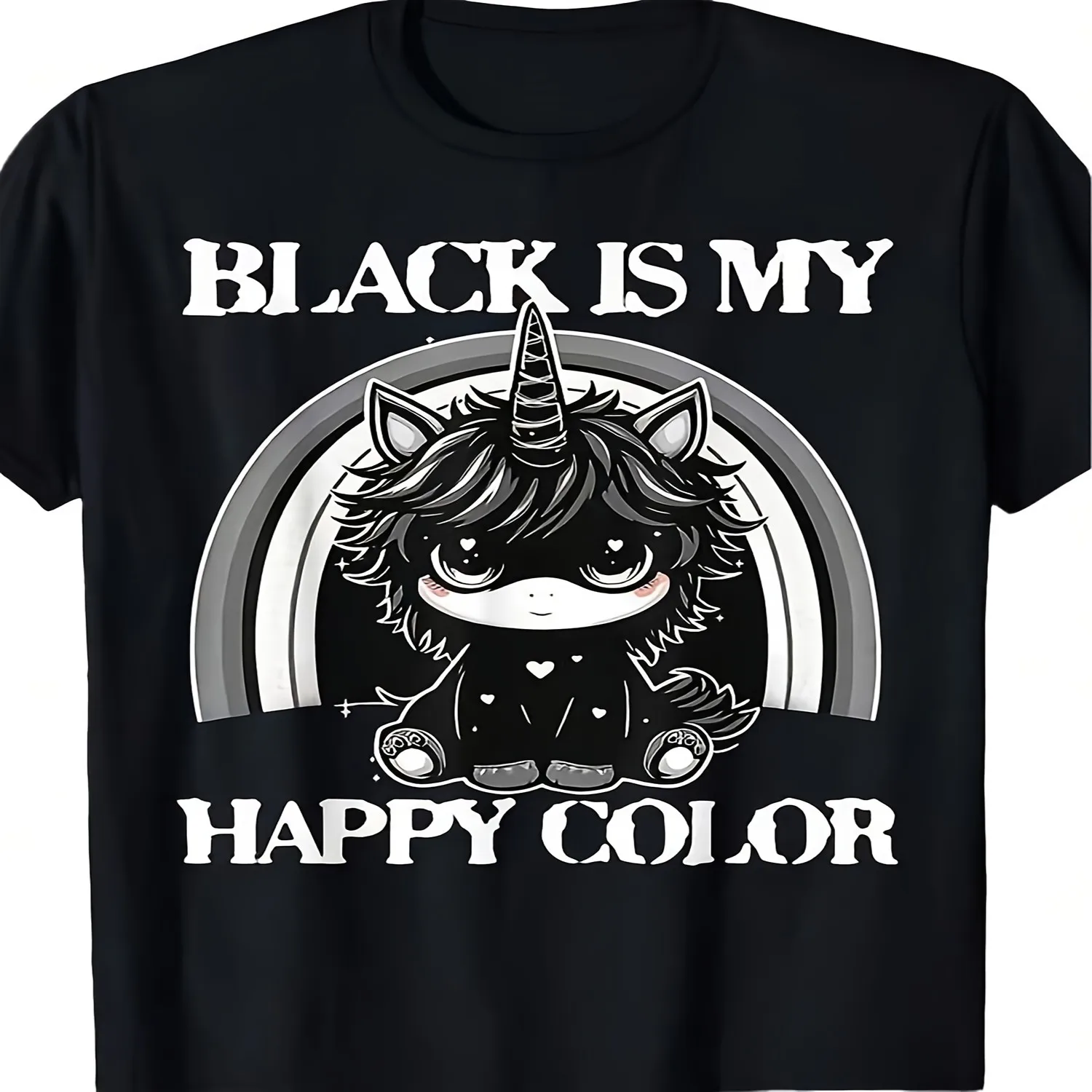 Black Is My Happy Color Gothic Style Emo Gothic Unicorn T-shirt Soft Pattern T-shirt Rainbow Unicorn Design Avant-garde Casual Clothing Unisex Machine Washable Unisex Adult Top Gothic Subculture Unisex tshirt, Graphic tshirt