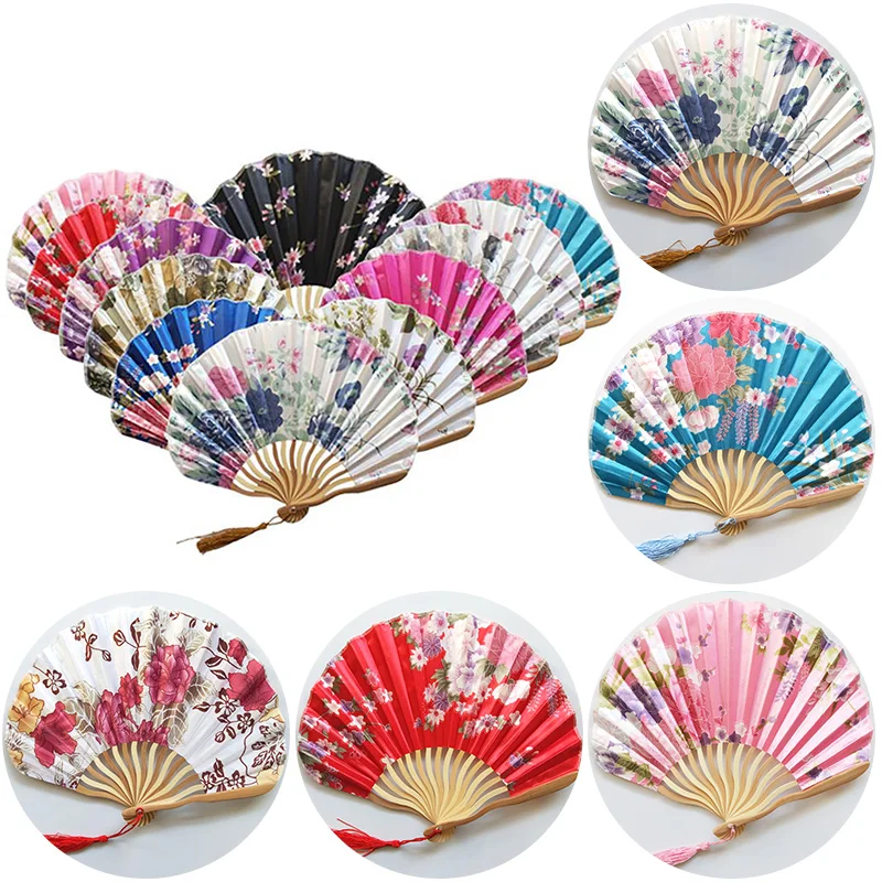 Flower Print Hand Fold Fan Woman Dance Props Wedding Living Room Cabinet Decor Bamboo Wood Silk Flower Folding Fan