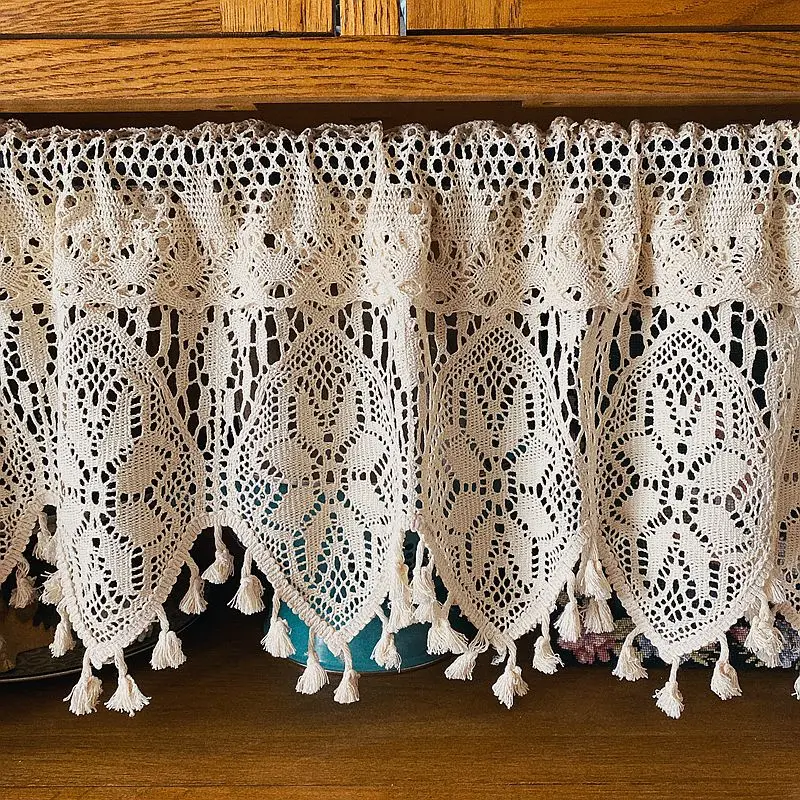 Handmade algodão linho cozinha cortinas curtas, Crochet Lace, Borla oca, Valance Bege, Porta e janela cortinas