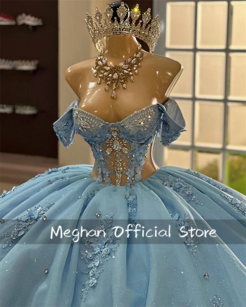 فساتين Quinceanera مزينة بالخرز الأزرق ، ثوب الكرة ثلاثي الأبعاد ، زهرة ، فستان فاخر بعيد الميلاد قبالة الكتف ، ثوب رسمي مخصص #4