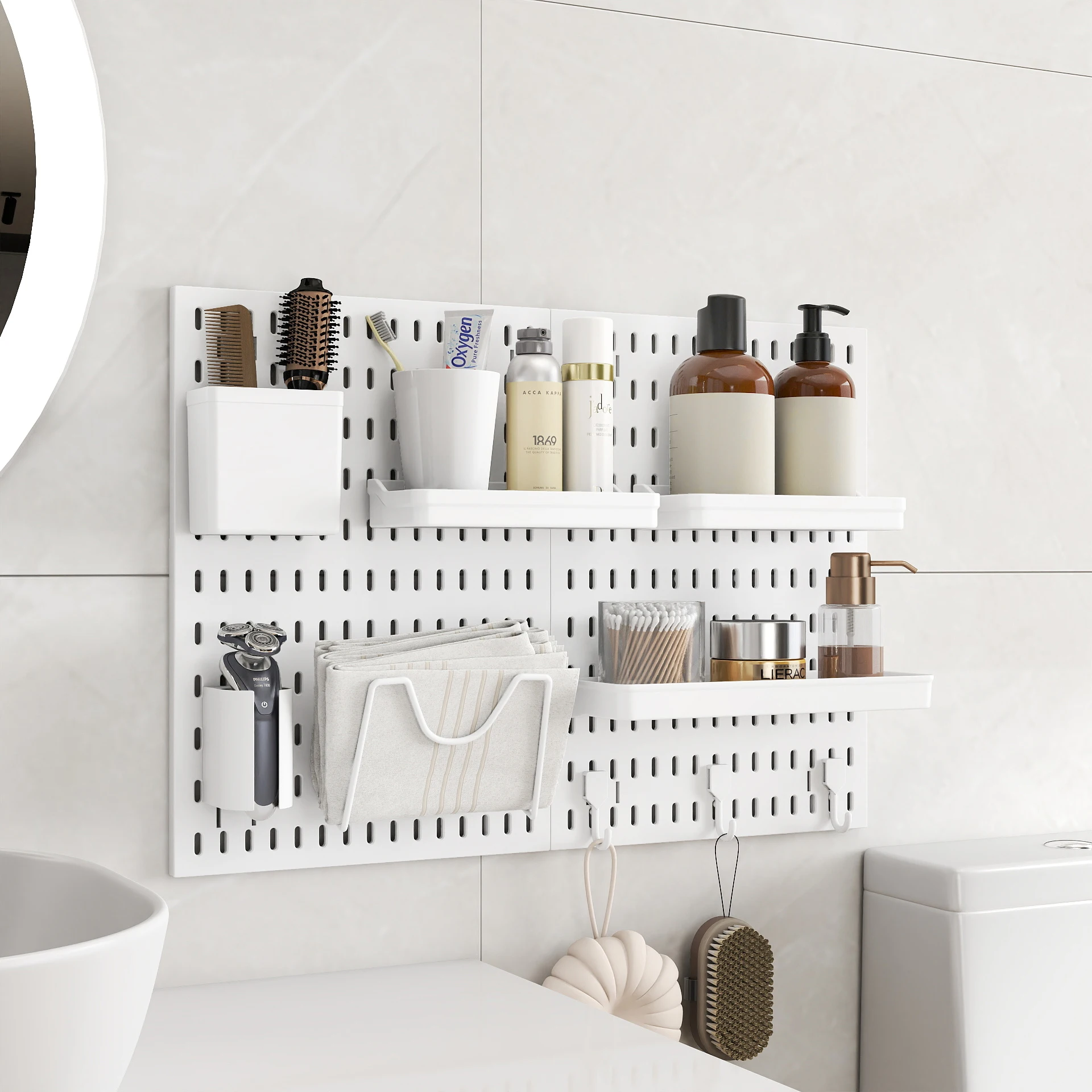 Modular Pegboard Organizer for Bathroom Wall No Drilling Storage System with Shelves Hooks for Toiletries Cleaning Supplies