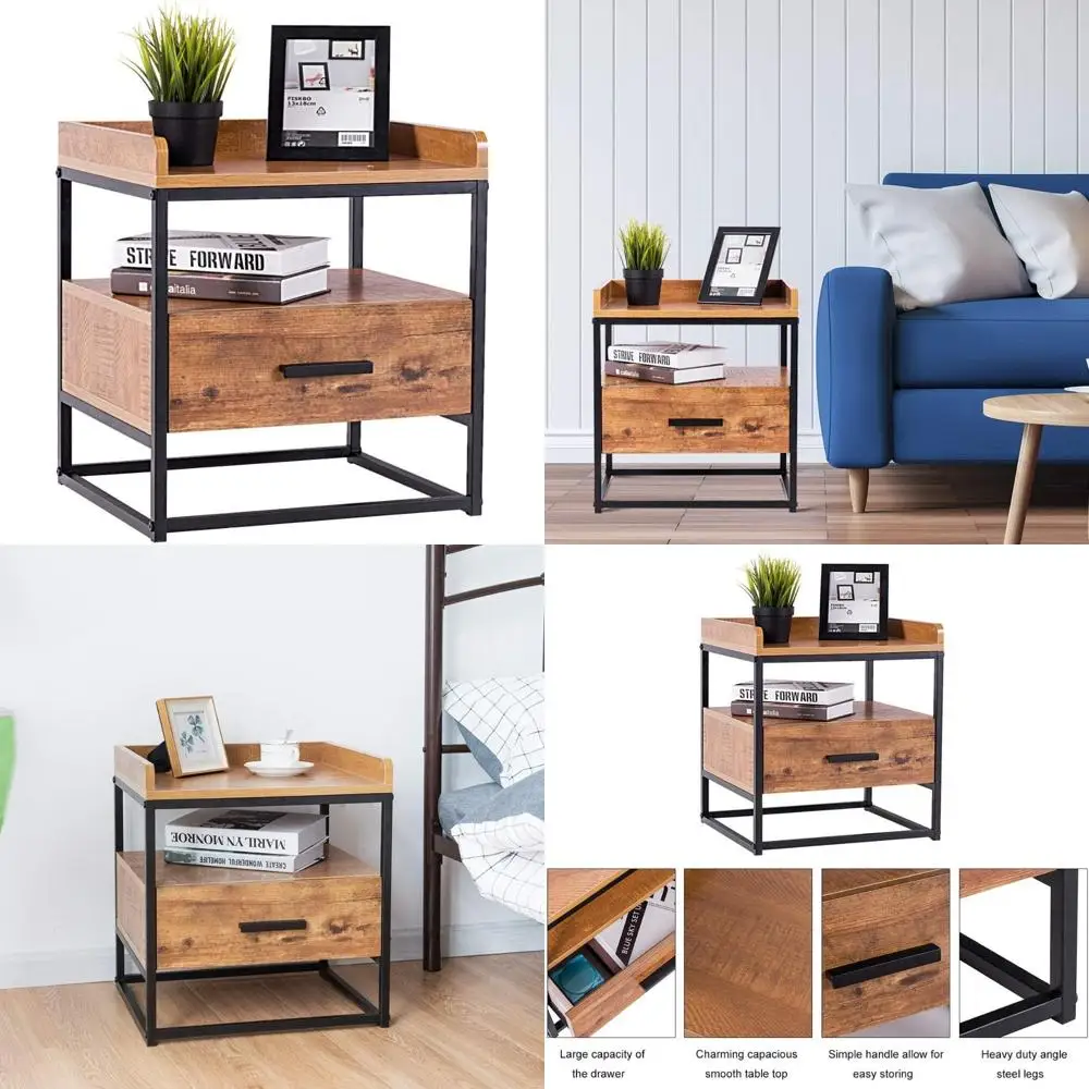

Two-Tier Wooden Side Table with Drawer and Rustic Shelf for Living Room, Bedroom, and Lounge Decor
