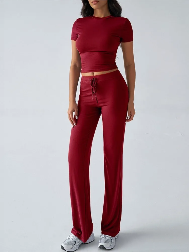 

Summer Simple Temperament Solid Color Round Neck Casual Suit Fashionable And Elegant Tie Repair Top Trousers Two-piece Sets