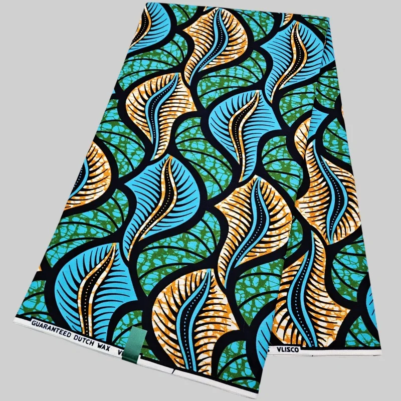 Tela de cera de algodón de 6 yardas de largo y 46 pulgadas de ancho con estampado abstracto para coser ropa de vestido azul amarillo sofá cojín mantel R3071