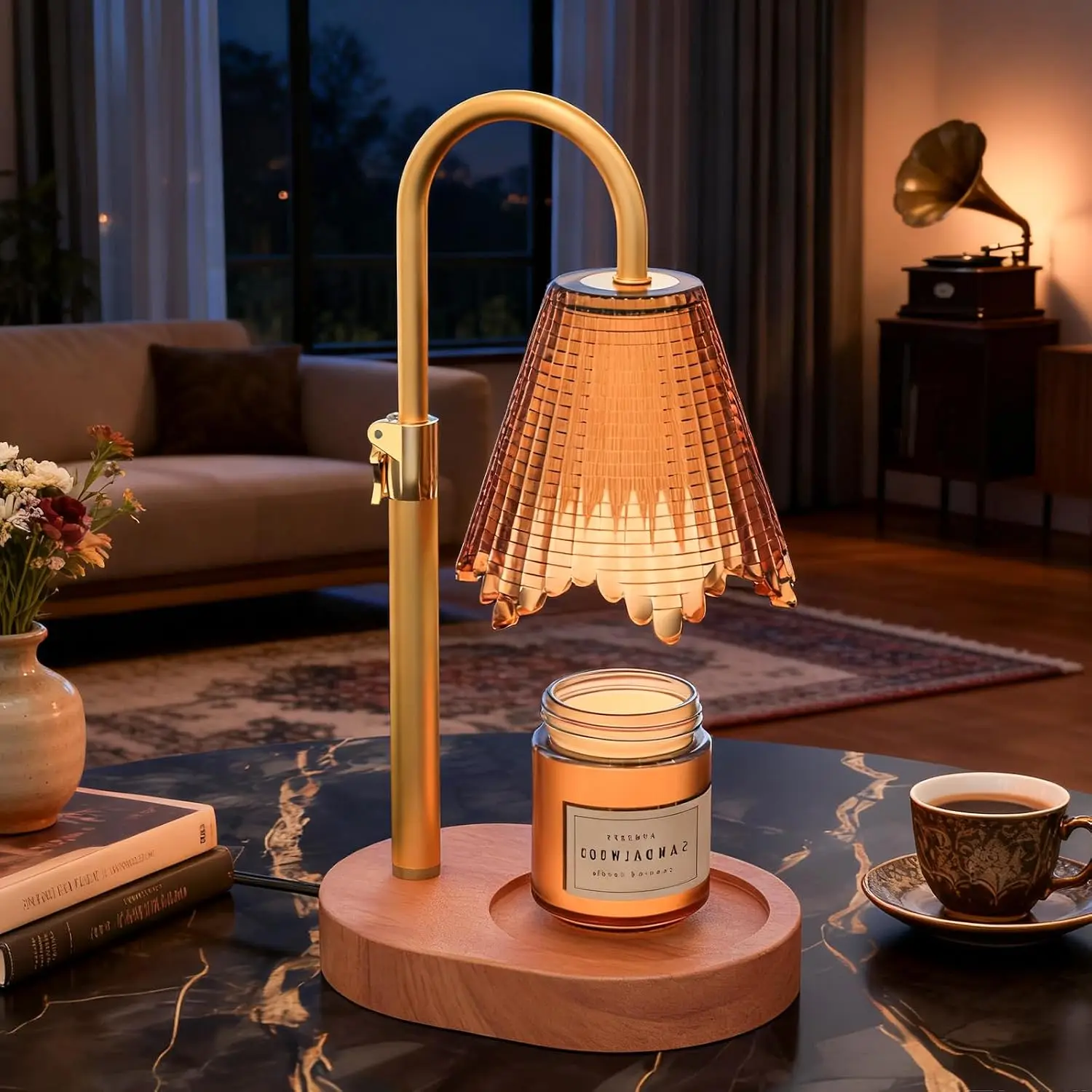 Candle Warmer Lamp with Adjustable Height - Flameless 4-Level Dimmable Wax Warmer with Colorful Glass Shade & Wooden Base, Timer Function & Stylish Design in Multiple Colors
