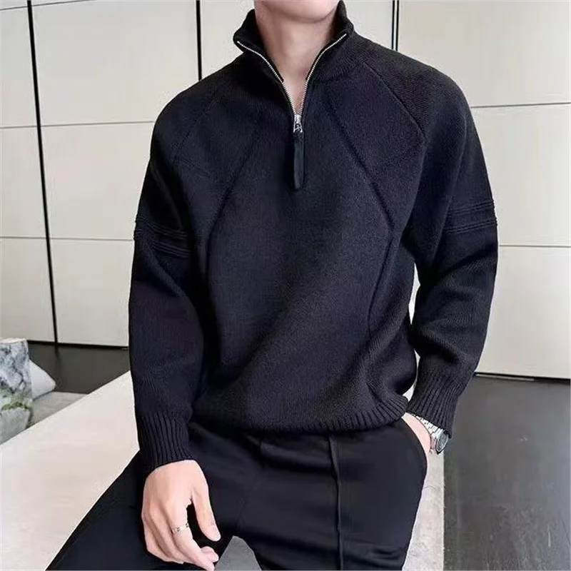 

Loose Fit Zipper Ne Men's Knitwear Pure Color Casual Sle Autumn Winter New Arrival Versatile Comfortable Lazy Top Trendy