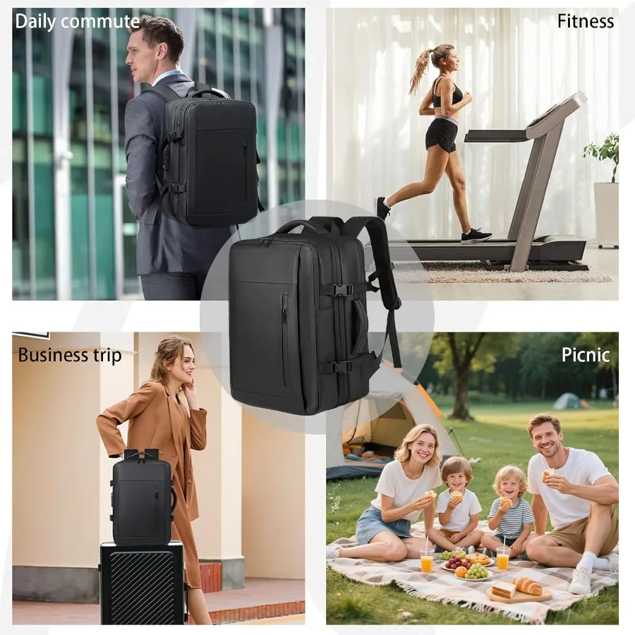 حقيبة ظهر للكمبيوتر للسفر محكمة الغلق ومقاومة للماء مع مضخة تفريغ ومقصورات متعددة وقفل مجمع مضاد للسرقة باللون الأسود #3