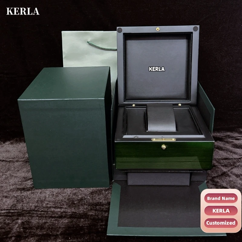 

Supply Customized KERLA Brand Top Blue Red Green Black Solid Wooden Watch Box with Paper Receive Jewelry Leather Velvet Package