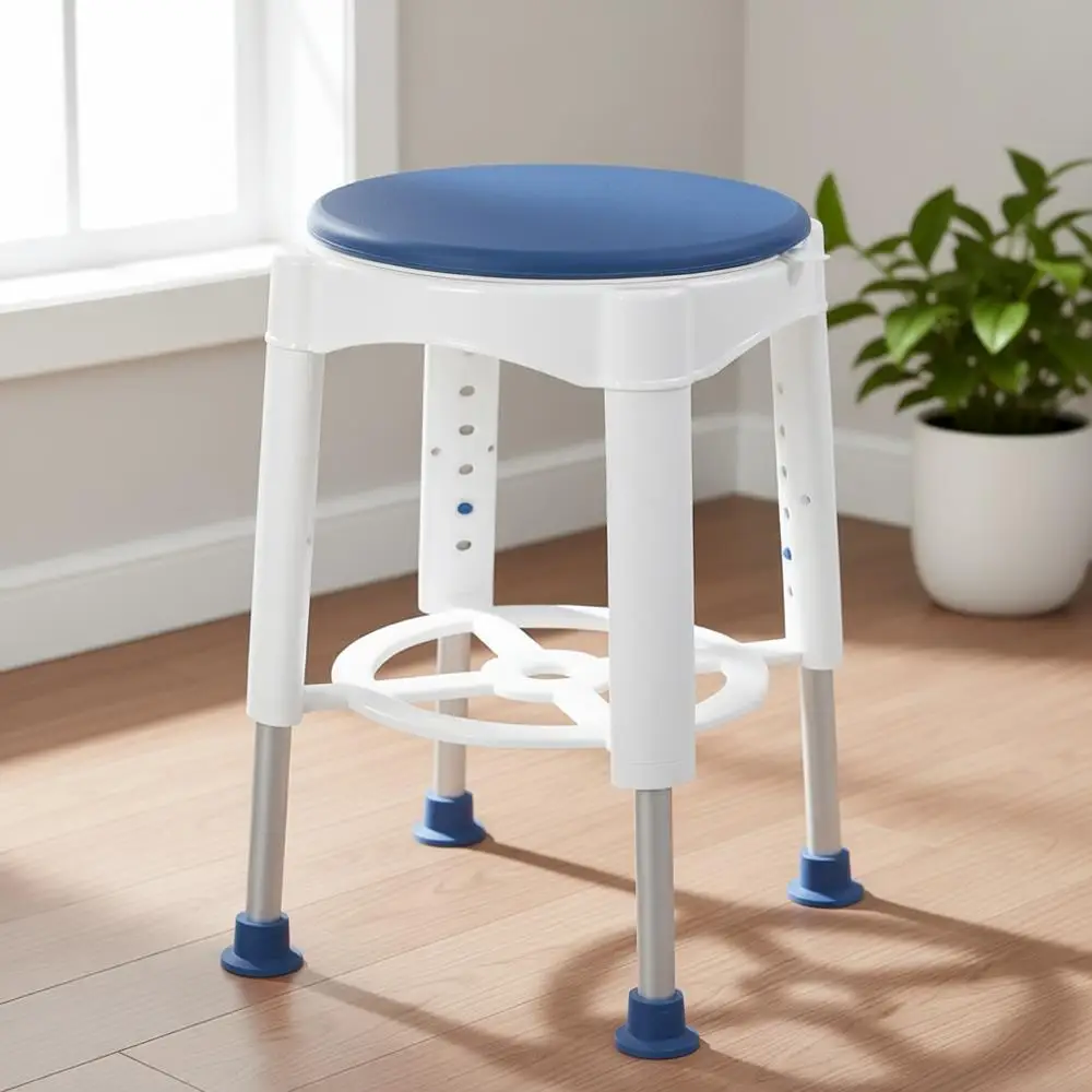 

Поворотный белый табурет для ванной с синей мягкой подушкой