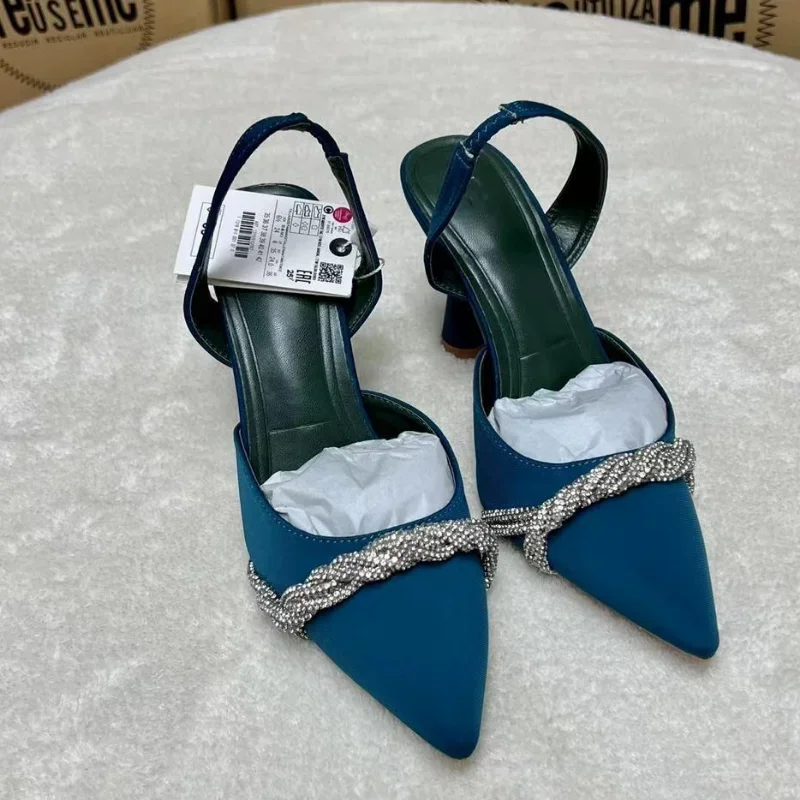 Wedding Shoes for Women 2023 Luxury Brand Summer Fashion Shiny Rhinestones Bow Pointed Toe Slingback Woman Sandals Sexy Pumps