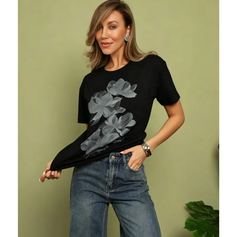 Summer Cotton Women's T-shirts Print  Flower Unique Beautiful 2026 Short Sleeved Home Daily Life Study Tops 