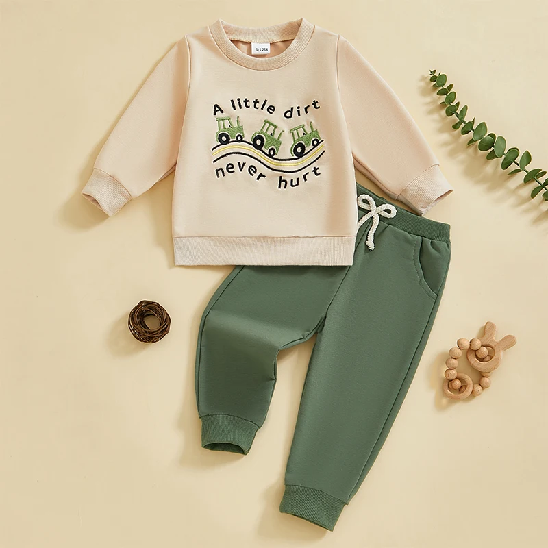 Toddler Boys Fall Outfits Haulage Motor Letter Embroidery Long Sleeve Sweatshirts and Long Pants 2Pcs Clothes Set