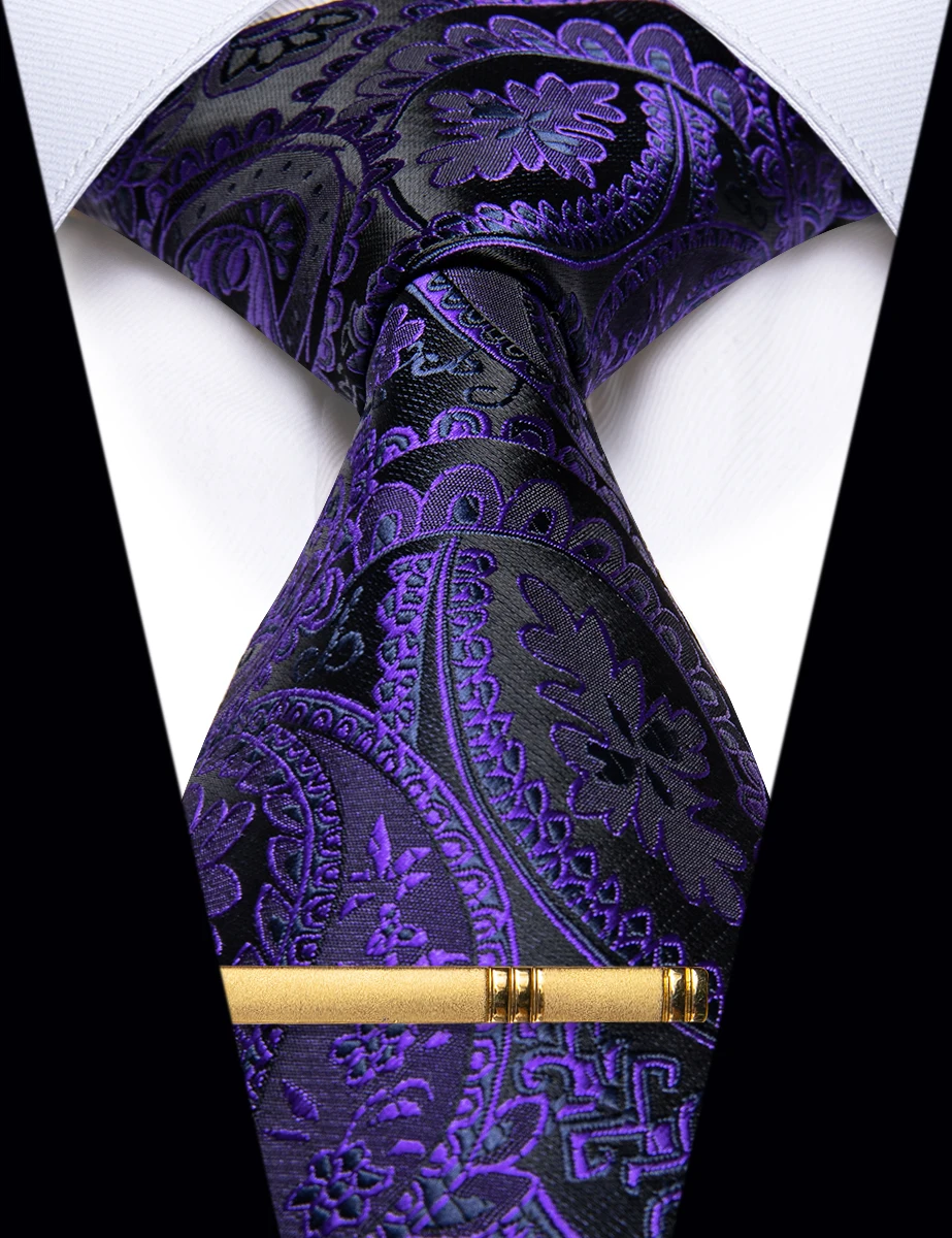 Adjustable Purple Luxury Paisley Men's Tie with Clip Black Floral Necktie for Man Party Marriage Wedding Yourties D-9055-LJ9001