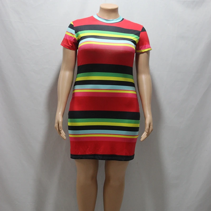 Mini robe d'été grande taille 7XL, mode femme, col rond, manches courtes, rayée, slim, sexy, extensible