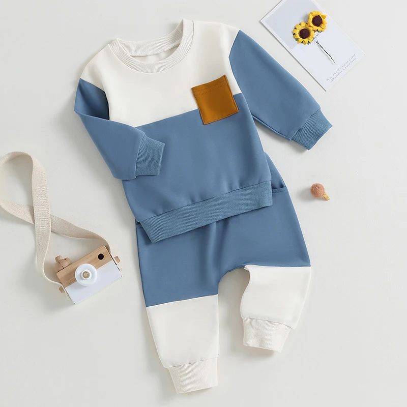 Toddler Baby Boy Clothes Color Block Long Sleeve Sweatshirt Pullover Tops Solid Pants Fall Winter Outfits Set