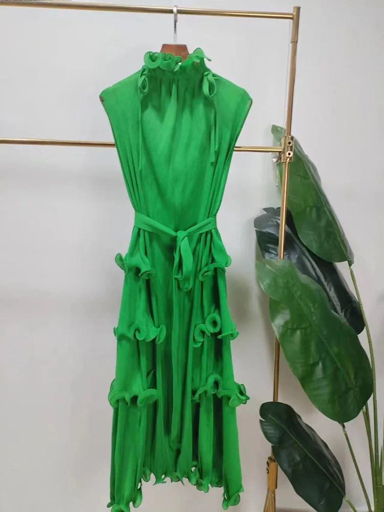 ANLAN Pleated Dress Women Round Neck Sleeveless Solid Color Ear Fungus Edge Design Loose Style New Tide 2025 Dresses 2AN3651