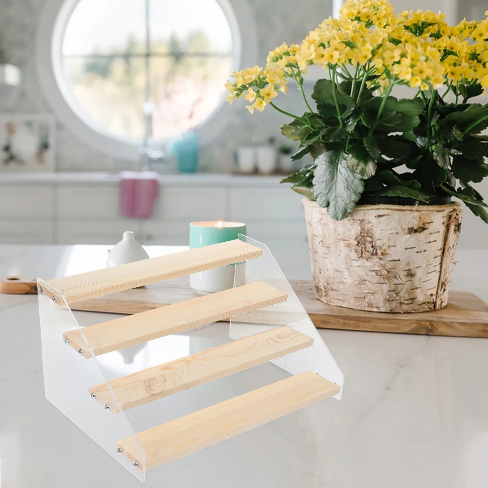 Sturdy Multi-Layer Seasoning Rack for Kitchen Living Room Compact Spice Bottles Organizer Acrylic Wood Construction Tiered