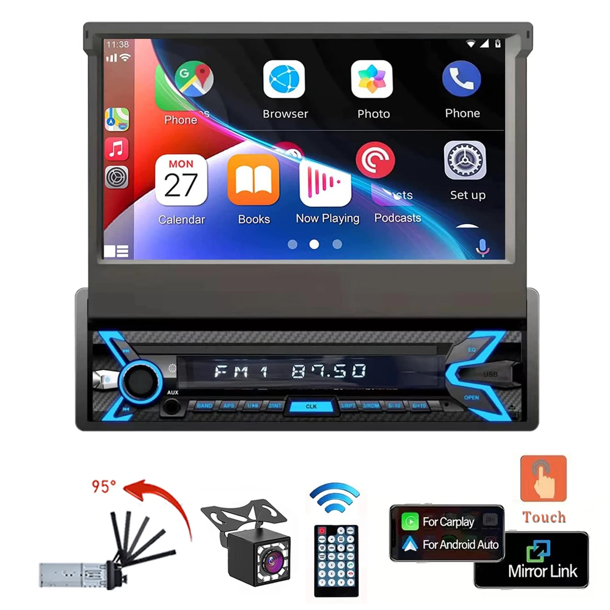 

7 Inch High Quality Car Radio 1 Din Retractable Touchscreen Car Stereo Carplay Android Auto with Rear View Camera Bluetooth FM