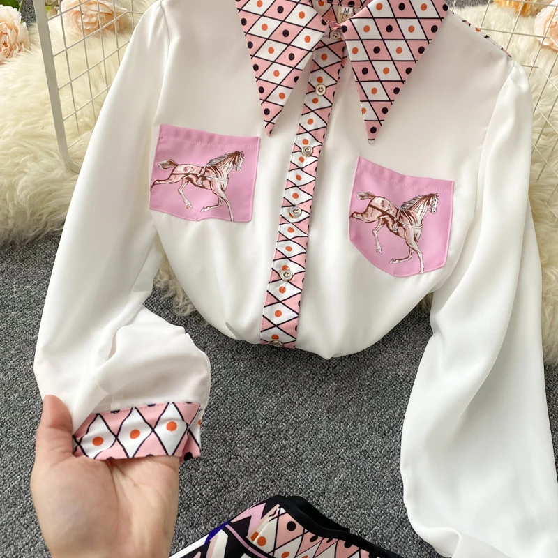 Runway Two Pieces Sets Women Clothing Horse Geomery Pattern White Tops and A-Line Pockets Short Skirt 2 Piece Set Party Outfits