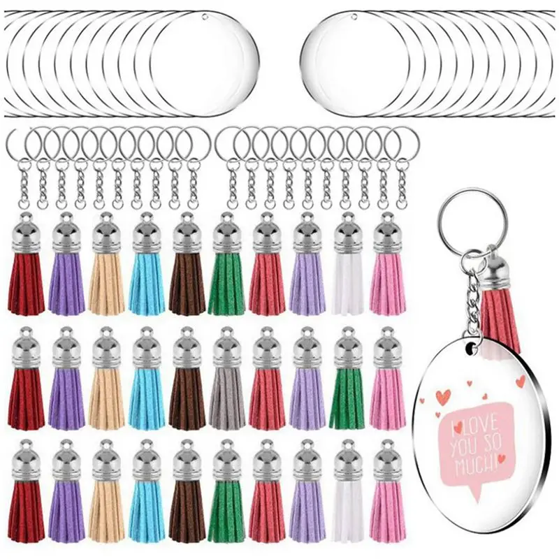 GTBL Acrylic Circle Keychain Blanks Clear Kit 240Pcs For Vinyl Project, Including Acrylic Disc Blanks, Tassels, Silver