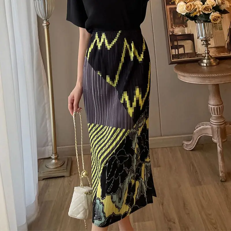 Printed pleated skirt with feminine temperament, slimming commute, two side split pleated skirt   Loose Fit