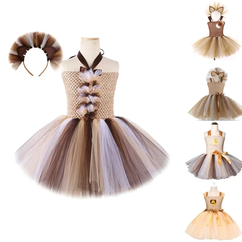 Brown animal girl tutu dress lion children Halloween costume for girls kids Christmas dresses princess girl cosplay costume 1-12