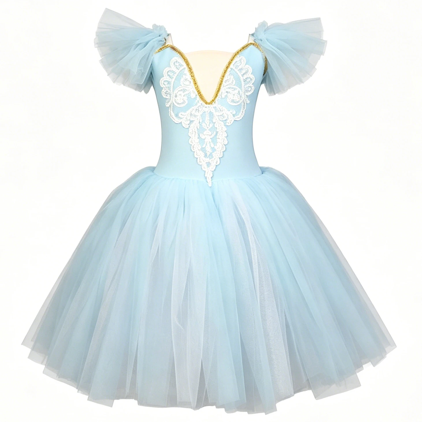 

Professional Elegant Gauzy Ballet Dress Lace Fly Sleeve Embroidery Patchwork Ballerina Party Dress Children Girl Dance Costumes
