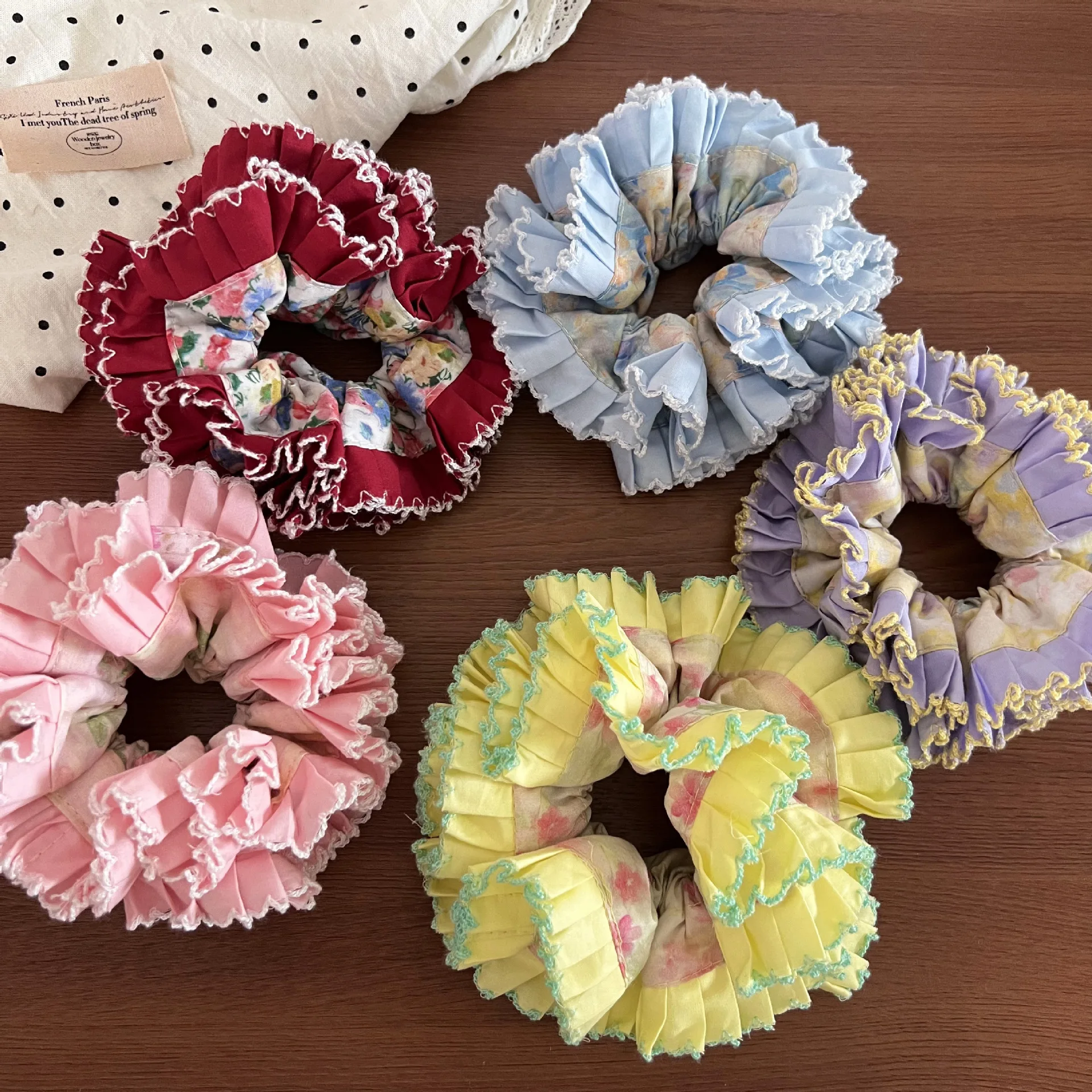 Retro Oil Painting Style Kawaii Floral Pleated Bezel Large Intestine Hair Band High-end Feminine Hair Bun Bun Hair Accessory