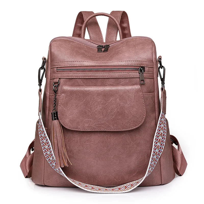 Winter Women Casual Backpack PU Leather School Backpack For Teenager Girls Travel Backpack Vintage Fashion Tassel Shoulder Bags