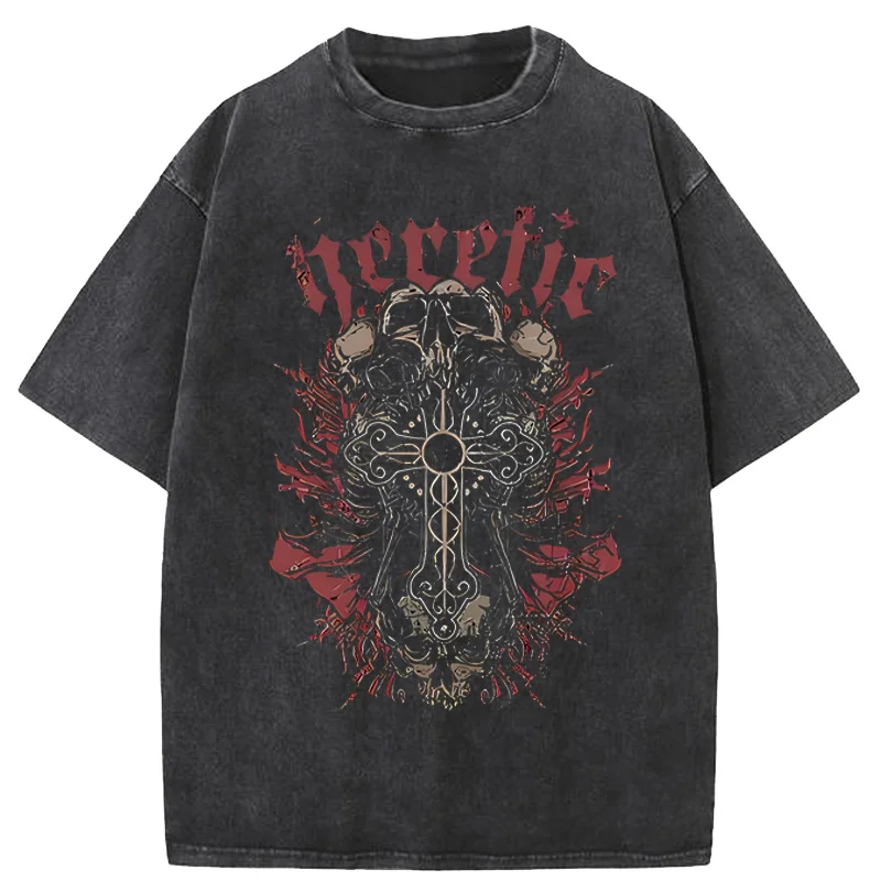 Horror Skull Tshirts Men and Women Harajuku Hip-hop Short-sleeved T-shirt Casual Tops Streetwear Washed Oversized T-shirts