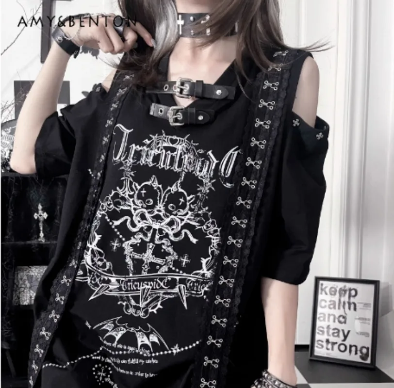 

Japanese Original Gothic Print Subculture Dark Distressed Loose Short Sleeve Off-Shoulder Tops PU Button Patchwork Oversized Top
