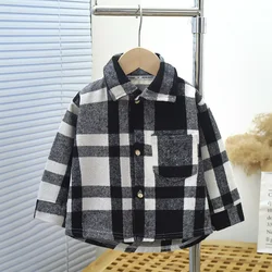 Boys Classic Plaid Striped Shirts Coat New 2024 Spring Autumn Vintage Kids Long Sleeve Lapel Pocket Casual Shirt Tops Clothing