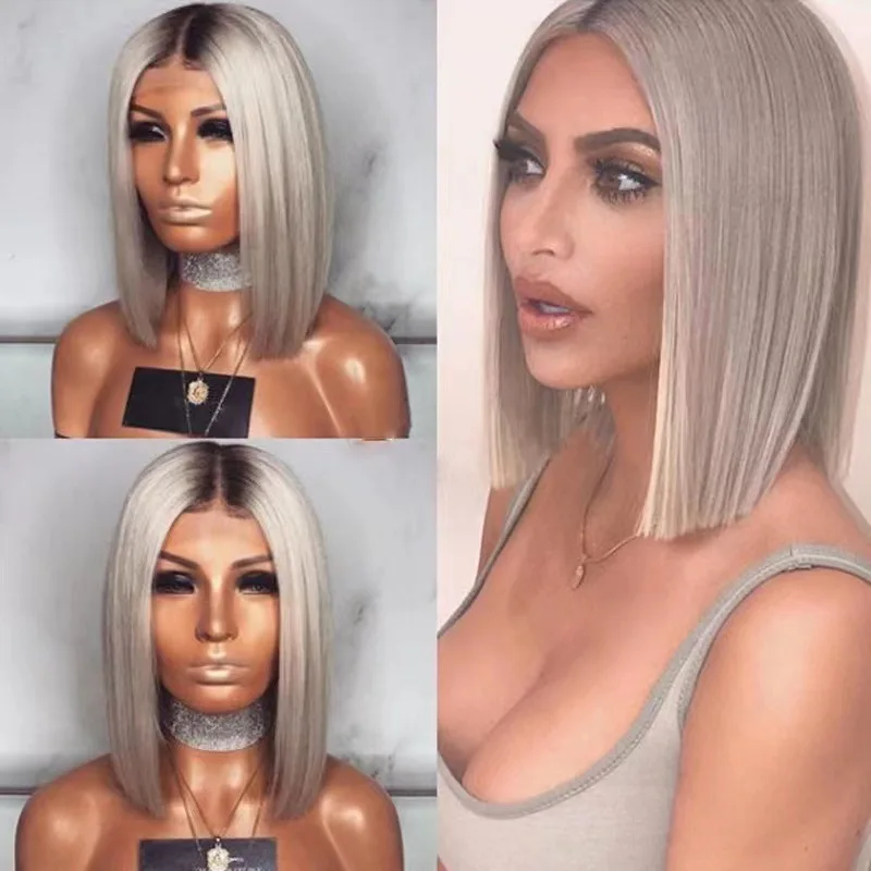 

New European and American Style Wig Black and Gray Mixed Color Middle PartboboShort Straight Hair with Inner Clip Bob Short Hair