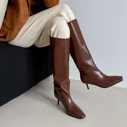 Brown Genuine Leather Knee Boots Square Toe Thin Heels Sewing Design Solid Botas Women Shoes Autumn Zapatos Mujer Winter Luxury