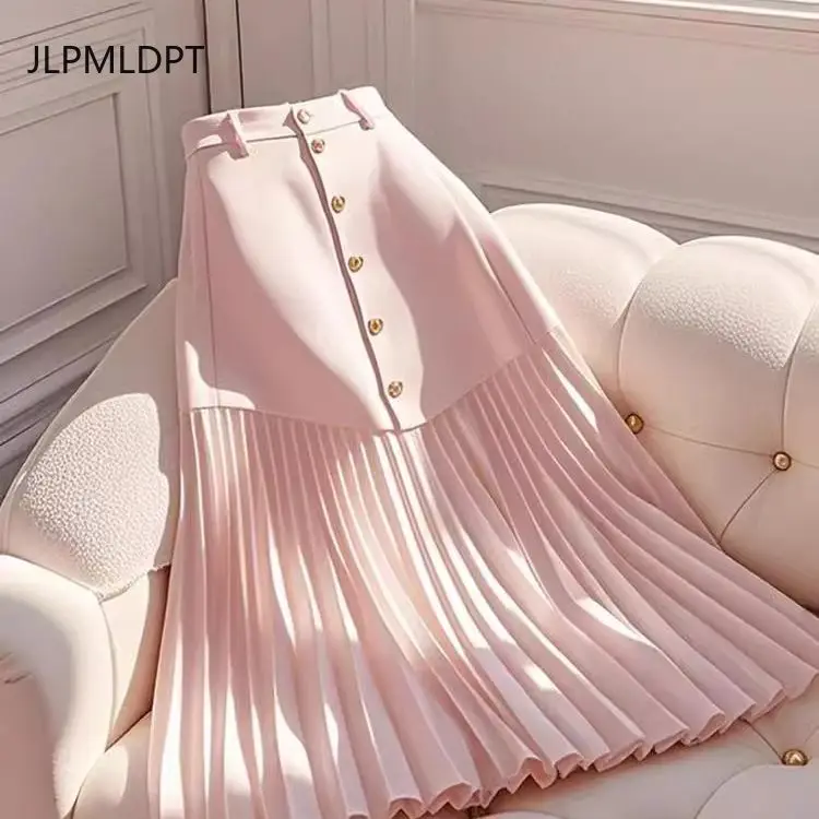 

High waist and thin A-word skirt temperament high-end pink splicing pleated skirt spring midi skirt