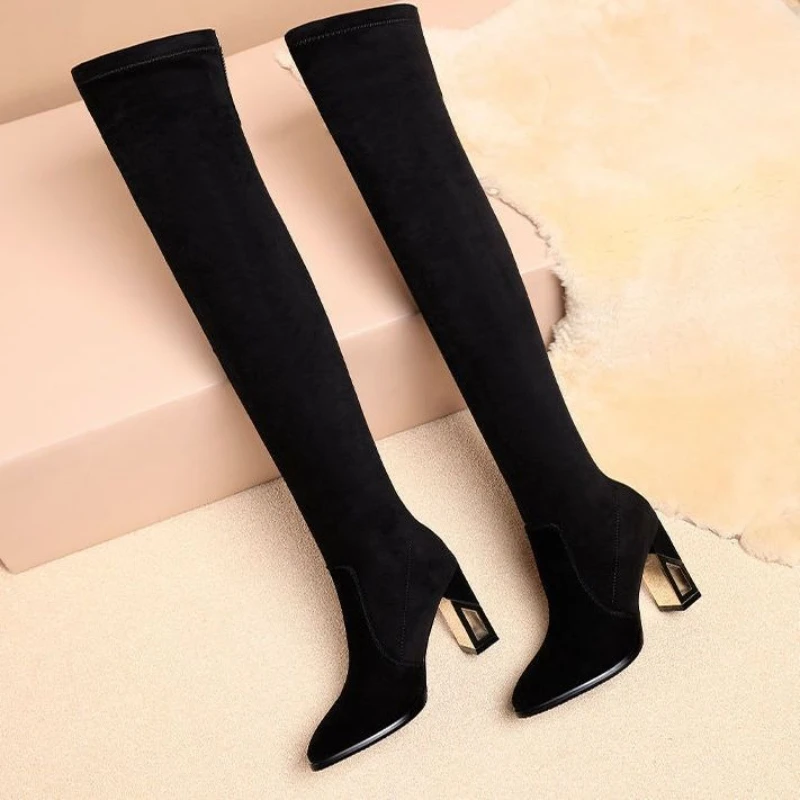 

Women's Pointed Toe Velvet Leather Over The Knee High Heel Boots New Autumn Winter Fleece Lined Stretchy Slimming Petite Black