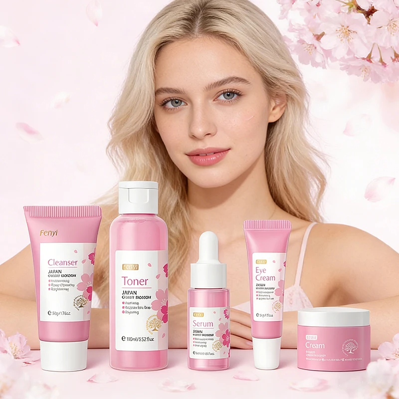 

Набор для ухода за кожей Japan Sakura, 5 предметов: очищающее средство для лица, тоник, сыворотка, крем для глаз, крем для лица, увлажняющий, против морщин