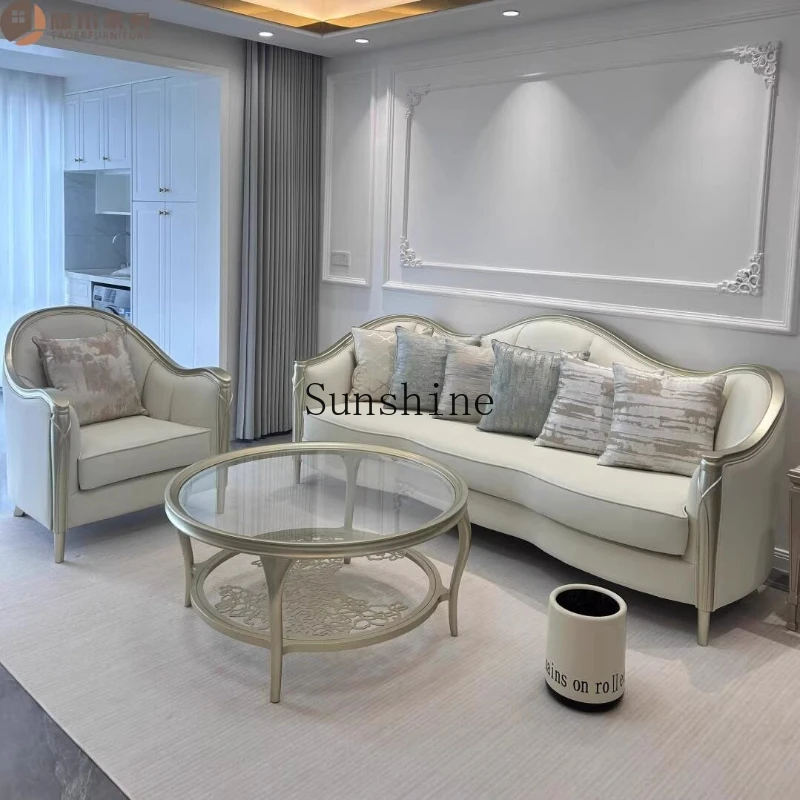 

American light luxury simple solid wood villa living room French three-person sofa, cream style beige