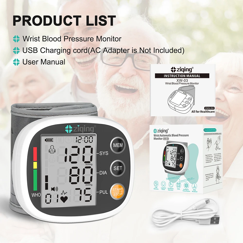 ziqing Rechargeable Wrist Blood Pressure Monitor Automatic Tonometer Meter LCD Screen Portable Health Care Sphygmomanometer